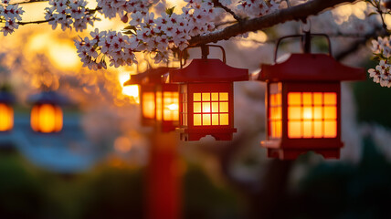 A sunset scene in an outdoor garden, with cherry blossoms and red lanterns softly lit by the golden light, creating a calm and serene atmosphere. Ai generated