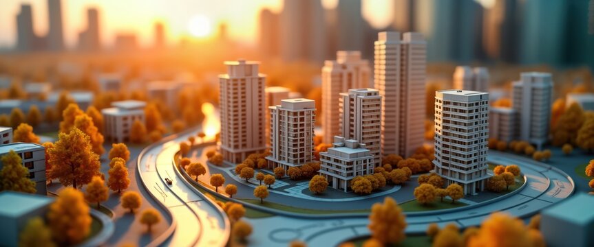 Detailed architectural model displays modern cityscape illuminated by warm sunset light. City landscape design project urban planning model making. Modern buildings, roads, trees depicted. Warm light