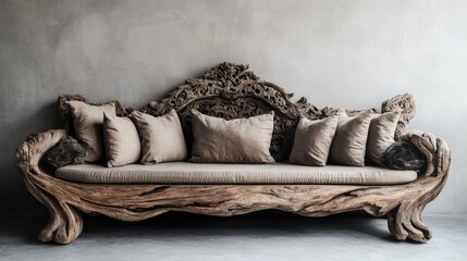 Elegant Rustic Wooden Sofa with Neutral Cushions and Detailed Carvings