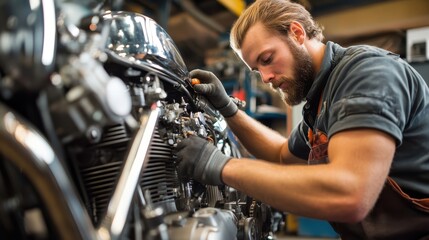 Detailed view of mechanic working on a motorbike engine with precision.