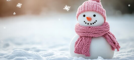 Winter Scene With a Cheerful Snowman Wearing a Pink Hat and Scarf Surrounded by Falling Snowflakes in a Peaceful Snowy Landscape