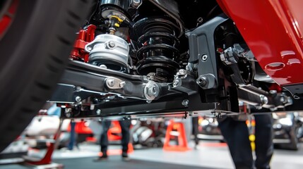 Extreme close-up of mechanic working on car s suspension system, undercarriage visible.