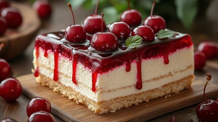 Delicious cherry cheesecake with glossy glaze and fresh cherries.