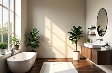Fototapeta premium Modern minimalist bathroom with white walls, beige accents. Sunlight streams in through large window illuminating room. Elegant white oval basin sink, bathtub. Dark wooden parquet floor, wooden