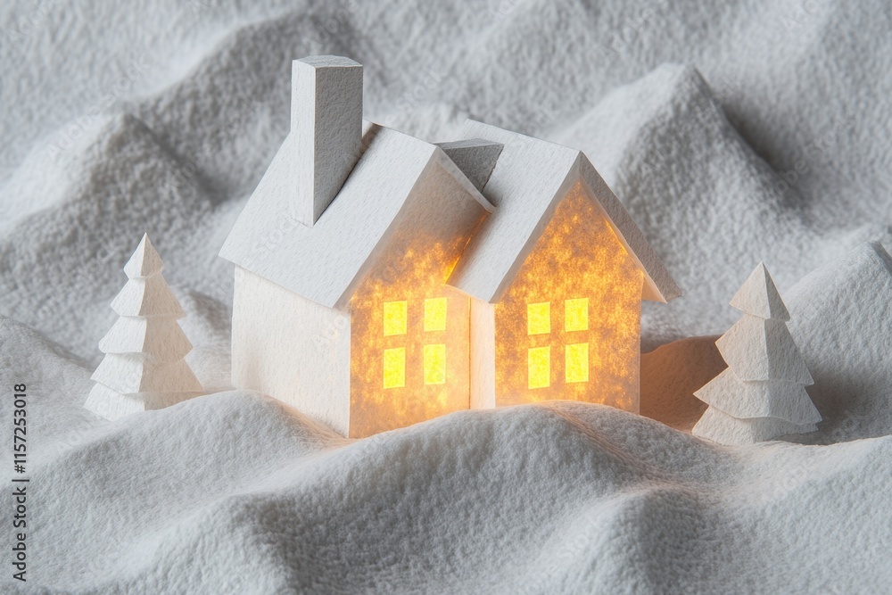 Aufkleber a simple geometric depiction of a snow-covered house with a chimney and glowing windows, set against