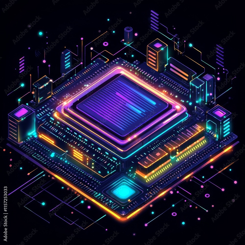 Poster digital circuit board with vibrant neon lights and futuristic components showcasing high-tech design