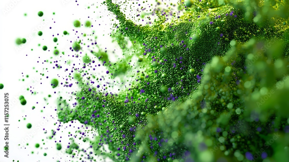 Aufkleber vivid green and purple particles creating an energetic splash against a white background in a dynami