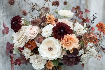 A moody arrangement of dark, muted flowers arranged in an artistic bouquet, creating a sense of mystery and elegance, enhanced by various textures.