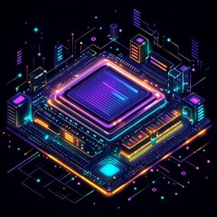 Fototapeta premium Digital Circuit Board With Vibrant Neon Lights and Futuristic Components Showcasing High-Tech Design and Advanced Technology
