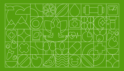 Nature Line Art Pattern, modern mosaic. White Lines with Symbols of Health and Active lifestyle