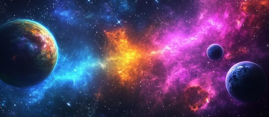 Digital illustration cosmic scene planets stars background Computer generated