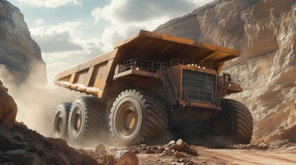 Obraz premium Giant mining trucks with big tires drive along steep dirt roads, background wallpaper AI generated image