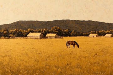 Obraz premium A soft watercolor painting of a horse grazing in a field under a golden sunset, with loose brushstrokes creating a dreamy atmosphere