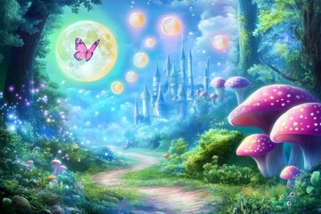 Digital illustration magical forest scene castle background sky fantastic wonderland landscape