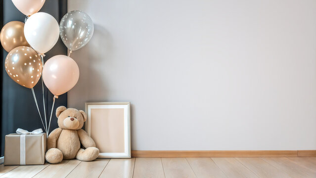 Colorful balloons and a plush teddy bear in a simple room setup. Perfect illustration for a child's birthday or a baby shower. Living room interior with empty copy space on a wall.