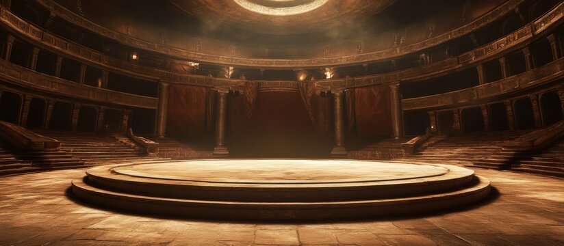 Empty auditorium circular stage center is made stone depiction of lifelike battlefield