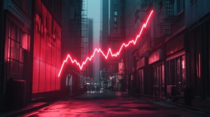 A bright red line graph depicts a declining economy on a dimly lit cityscape, background wallpaper AI generated image