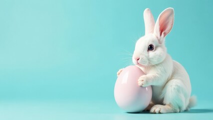 Obraz premium Cute bunny holding an Easter egg in his paws, blue background. Place for text, congratulations. Happy Easter day concept and idea