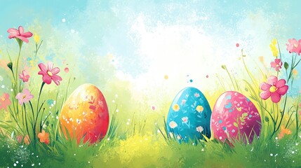 Fototapeta premium Spring celebration postcard: Painted eggs with floral accents on a bright and simple layout.