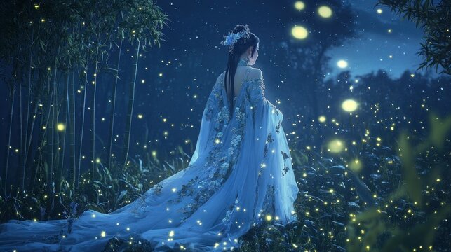 Fototapeta A graceful Chinese princess wearing a flowing silk dress stands in a bamboo forest background wallpaper AI generated image