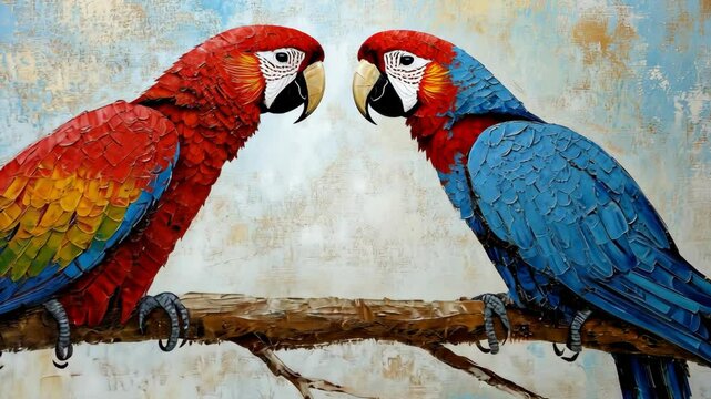 Vibrant macaws perched on a branch in a natural setting during bright daylight