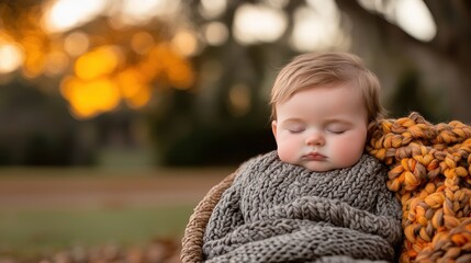 Fototapeta premium Peaceful baby sleeping in textured blanket with warm autumn sunset in the background