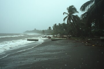 A tropical beach being hit by a hurricane, with overturned boats, fallen palm trees, and debris scattered everywhere