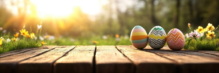Colorfully decorated Easter eggs are arranged on a rustic wooden surface in a blooming garden at sunrise, capturing the essence of a joyful spring celebration and family togetherness