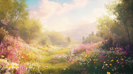 Fototapeta premium A wide view of a colorful flower meadow in spring, with wildflowers in bloom and soft sunlight, creating a peaceful atmosphere. Ai generated