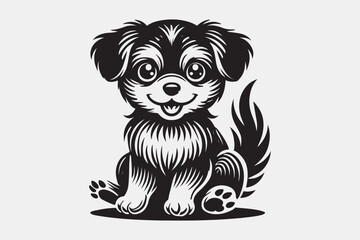 A stylized black and white silhouette of a puppy sitting.