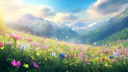 Fototapeta premium A wide view of a colorful flower meadow in spring, with wildflowers in bloom and soft sunlight, creating a peaceful atmosphere. Ai generated