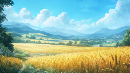 Obraz premium A wide view of a peaceful countryside with rolling hills and lush wheat fields, the golden stalks swaying under a clear blue sky. Ai generated