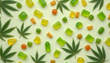 A colorful assortment of gummy candies and sweet treats with berries, leaves, and heart shapes