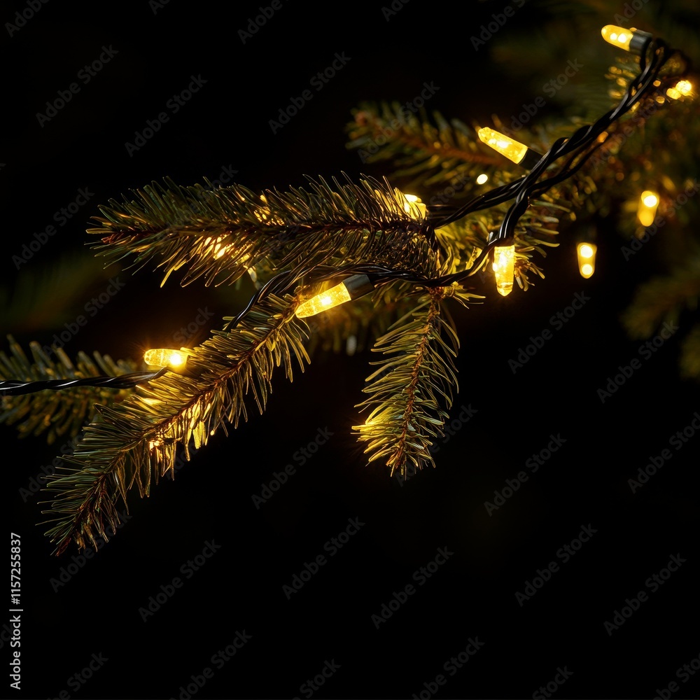 Poster decorative string lights illuminate green pine branches at night, creating a warm and inviting atmos