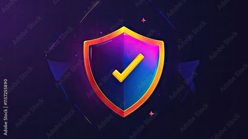 Poster tech-inspired shield icon with gradient hues and a checkmark, symbolizing secure and reliable online
