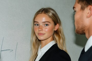 An HR manager creating a career progression chart on a whiteboard, explaining it to employees in a training session