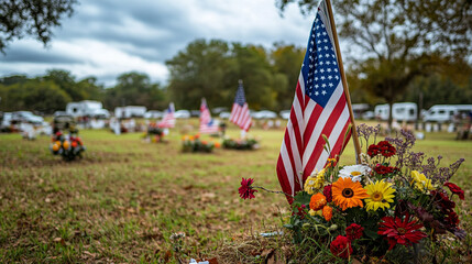 Memorial Day ceremony honoring fallen heroes with flags and flowers. 