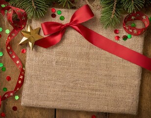 A rustic gift wrapped in burlap with a red ribbon, surrounded by festive decorations.