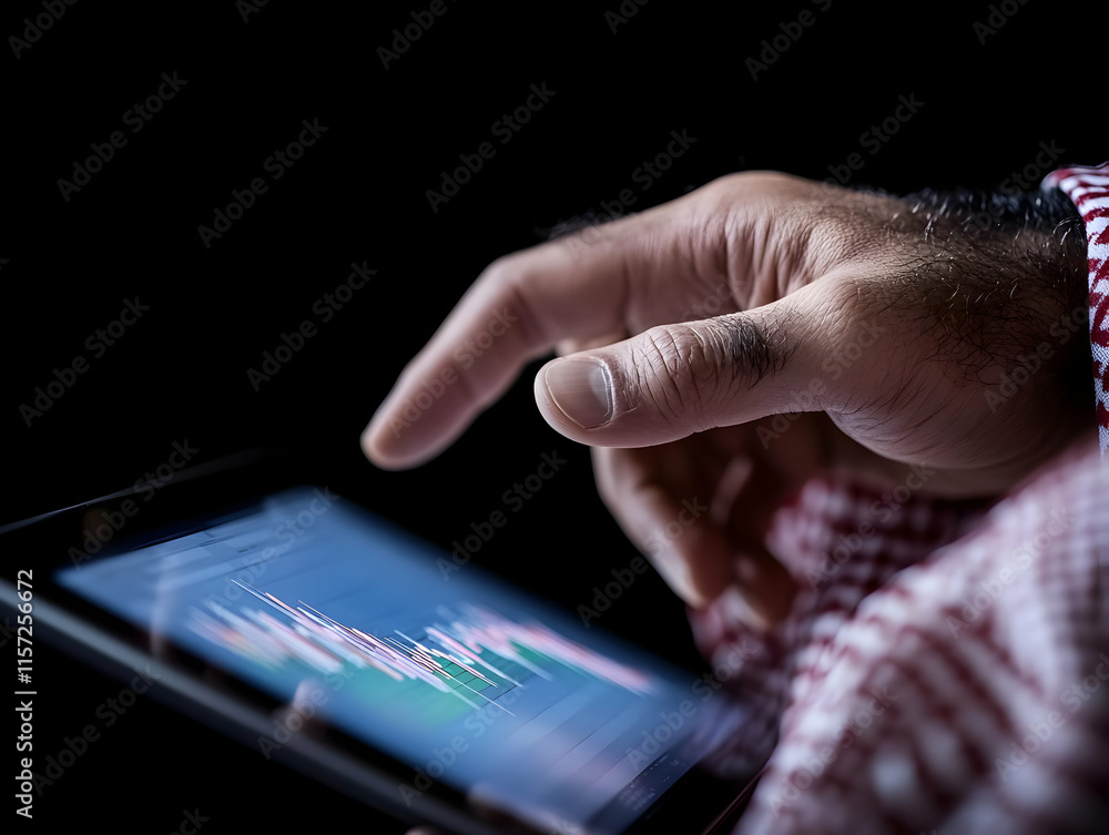 Poster close-up of a hand using a tablet displaying a stock market graph.