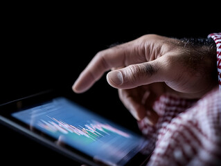 Close-up of a hand using a tablet displaying a stock market graph.