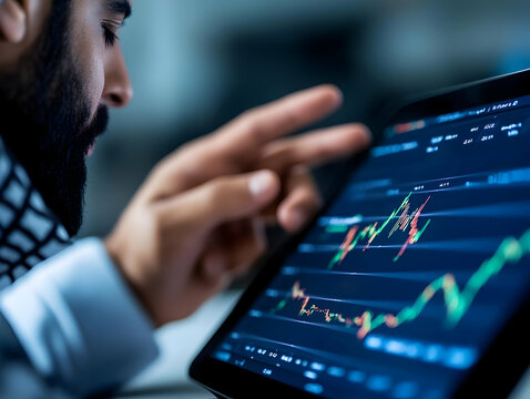 Close-up of a man reviewing financial data on a tablet.