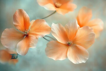 Fototapeta premium Delicate orange flowers with softly glowing petals float gracefully against a blurred blue backdrop, capturing an essence of tranquility and subtle elegance.