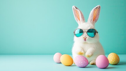Trendy bunny in aviator shades with pastel eggs arranged nearby, set on a turquoise backdrop. Minimalist Easter design space.