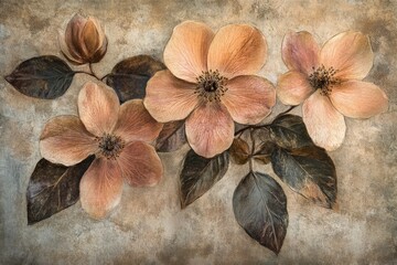 Fototapeta premium The artwork showcases delicate pastel-colored flowers juxtaposed with rich brown leaves, highlighting an elegant and serene composition on a sophisticated background.