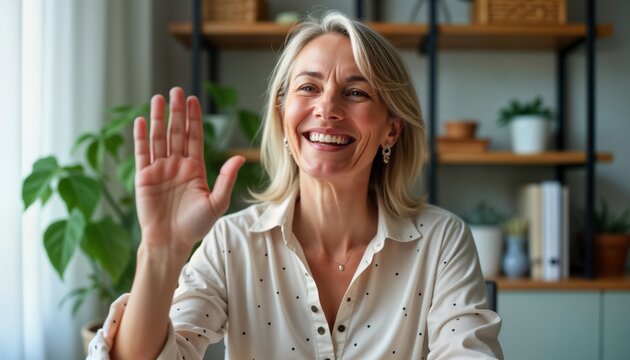 Mature woman smiles, waves at webcam. Happy teacher counselor in video chat. Remote online communication. Home office setting. Professional attire. Distance learning support session. Happy expression.
