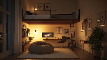 Trendy loft bed setup with a stylish desk, plush bean bag, and contemporary decor in a cozy bedroom.