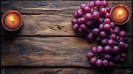 Naklejka premium A rustic wooden table with a cluster of grapes and two lit candles, creating a cozy ambiance.