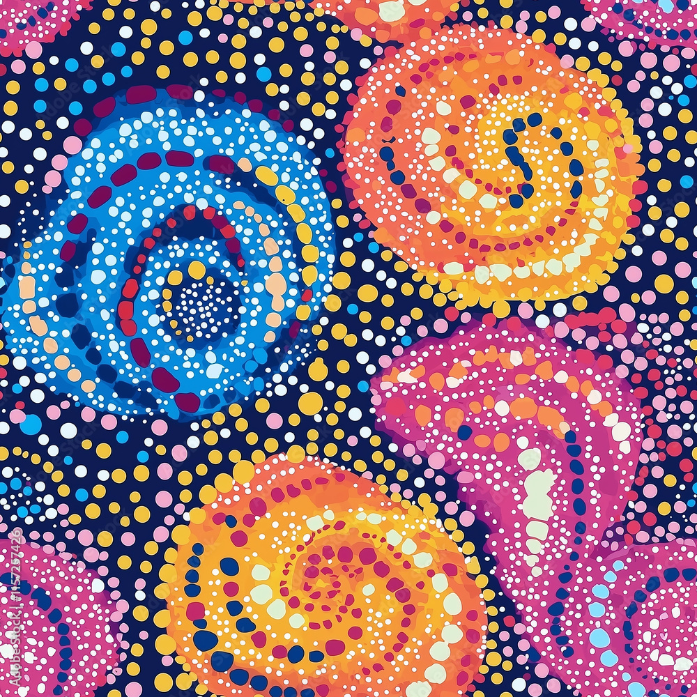 Poster colorful abstract pattern featuring swirls and dots in vibrant hues against a dark background.