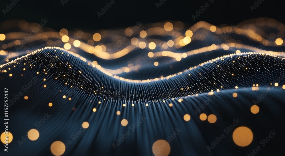 Poster visual representation of golden particles flowing over dark surface creating a mesmerizing wave effe