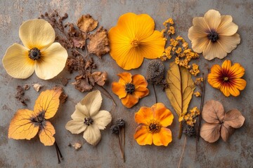 An arrangement of dried flowers in various warm hues presented on a rustic background, capturing the essence of autumn with its earthy and nostalgic charm.